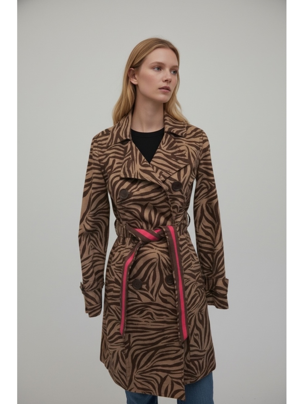 Women's Zebra Print Trench Coat with Pink Belt Accent - Picture 2 of 9